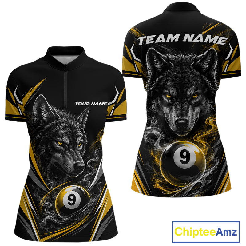 Custom Black And Yellow Smoke Flame 9 Ball And Wolf Billiards Women Quarter-Zip Shirt IPHW11679
