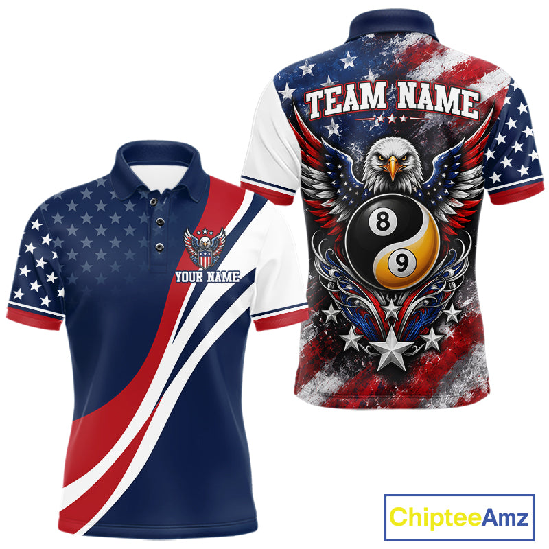 Custom polo shirt shown from the front and back on a white background. The shirt features a patriotic American flag design with red, white, and blue colors, stars, stripes, and a large eagle and 8-ball  and 9-ball graphic on the back with customizable text areas.