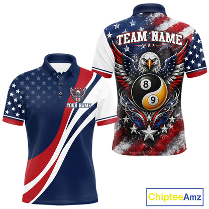 Custom polo shirt shown from the front and back on a white background. The shirt features a patriotic American flag design with red, white, and blue colors, stars, stripes, and a large eagle and 8-ball  and 9-ball graphic on the back with customizable text areas.