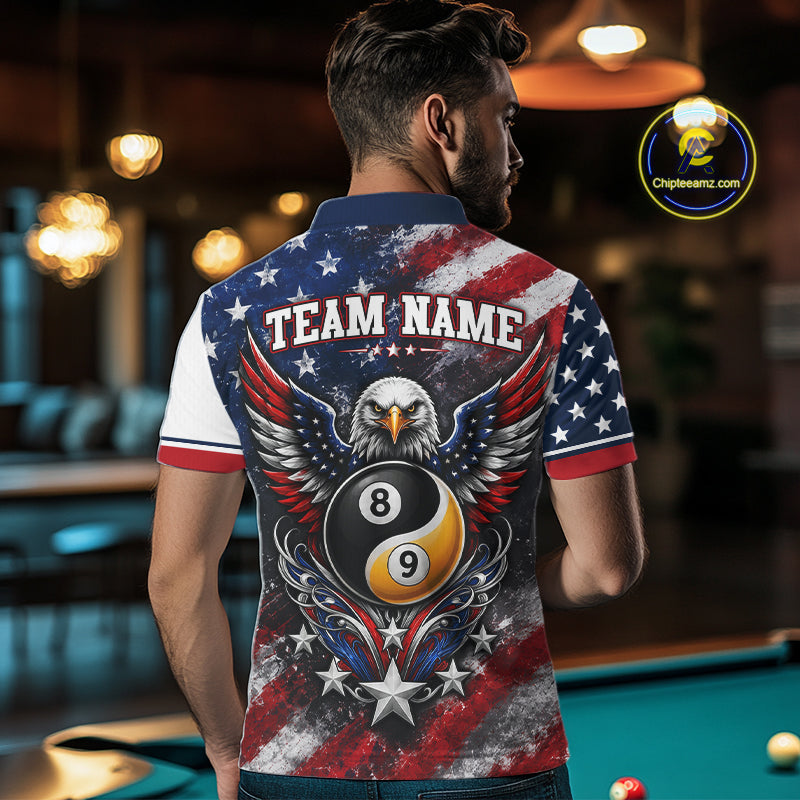 A man viewed from behind wearing a custom-printed polo shirt in a pool hall setting. The back of the shirt features a patriotic American flag design with a bald eagle, an 8-ball and 9-ball, and the text 'TEAM NAME'.