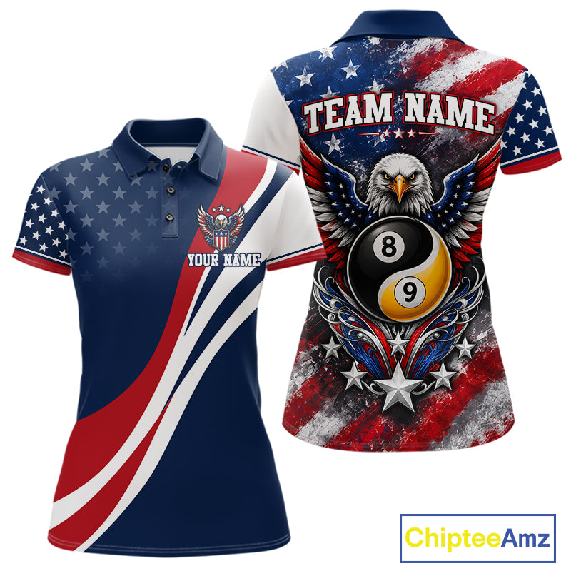 Customizable womens polo shirt shown from both front and back. The shirt features a patriotic American flag theme with red, white, and blue colors, stars, stripes, an eagle graphic, billiard 8-ball and 9-ball 