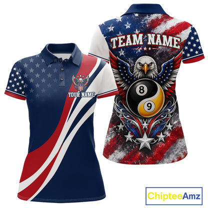 Customizable womens polo shirt shown from both front and back. The shirt features a patriotic American flag theme with red, white, and blue colors, stars, stripes, an eagle graphic, billiard 8-ball and 9-ball 