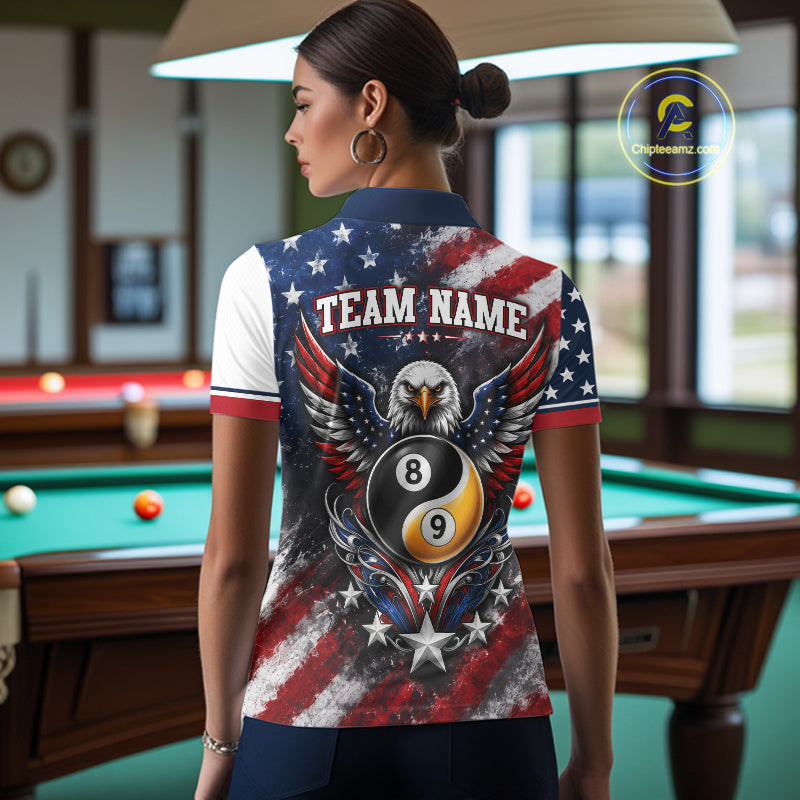 A woman stands in a billiards room wearing a custom short-sleeve polo shirt with a patriotic American flag design and a billy eagle/ballgame graphic on the back. 
