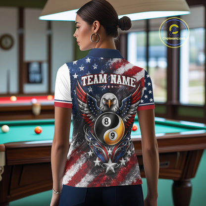 A woman stands in a billiards room wearing a custom short-sleeve polo shirt with a patriotic American flag design and a billy eagle/ballgame graphic on the back. 