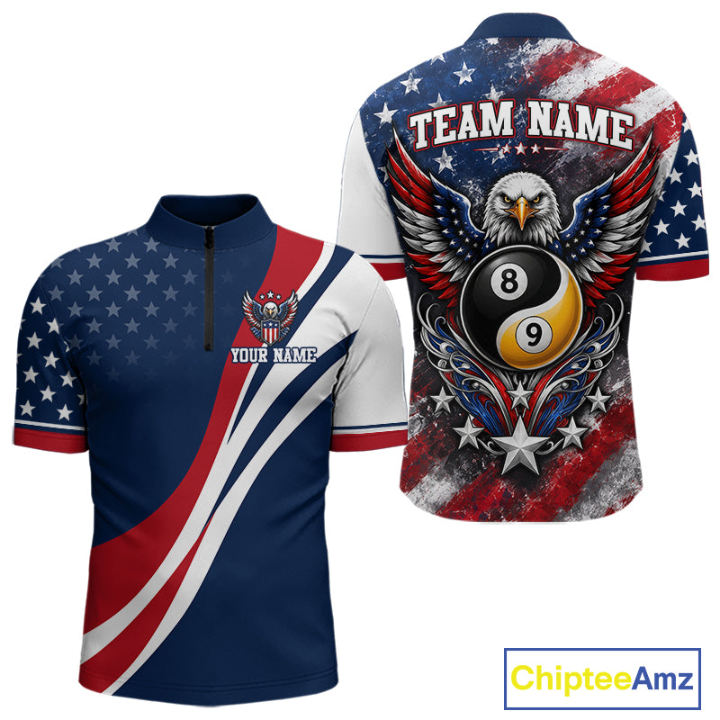 Custom short-sleeve quarter zip shirt shown from front and back on a white background. The shirt features a patriotic American flag design with navy blue, red, and white stripes and stars, plus a large eagle and 8-ball graphic on the back with customizable text fields.