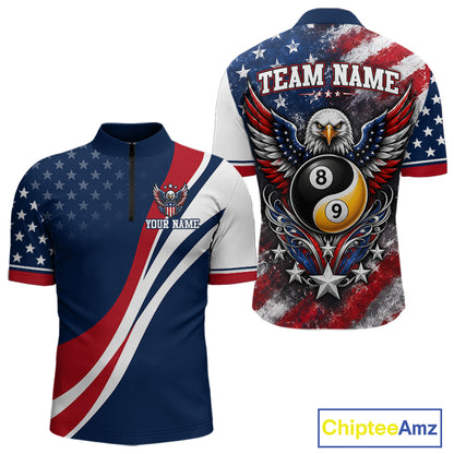 Custom short-sleeve quarter zip shirt shown from front and back on a white background. The shirt features a patriotic American flag design with navy blue, red, and white stripes and stars, plus a large eagle and 8-ball graphic on the back with customizable text fields.
