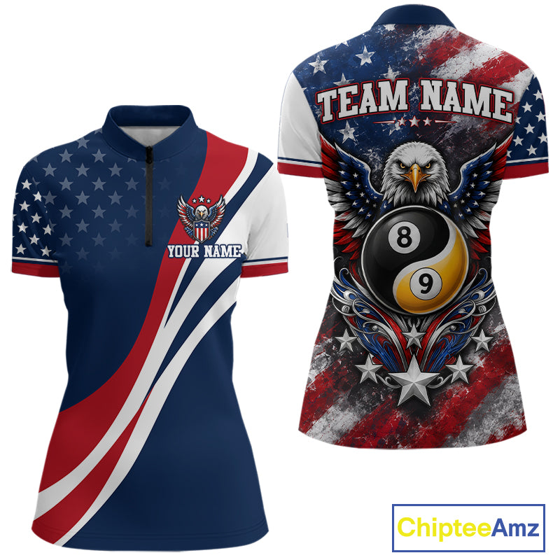 Front and back views of a women's short-sleeve quarter zip shirt with a patriotic American flag design, featuring a quarter-zip collar, eagle and bald eagle graphics, stars, stripes, and a ying yang 8-ball and 9-ball