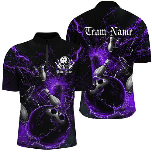 Black And Purple Thunder Lightning Custom Bowling Shirts For Men, Bowling Uniform For Bowling Team IPHW7263