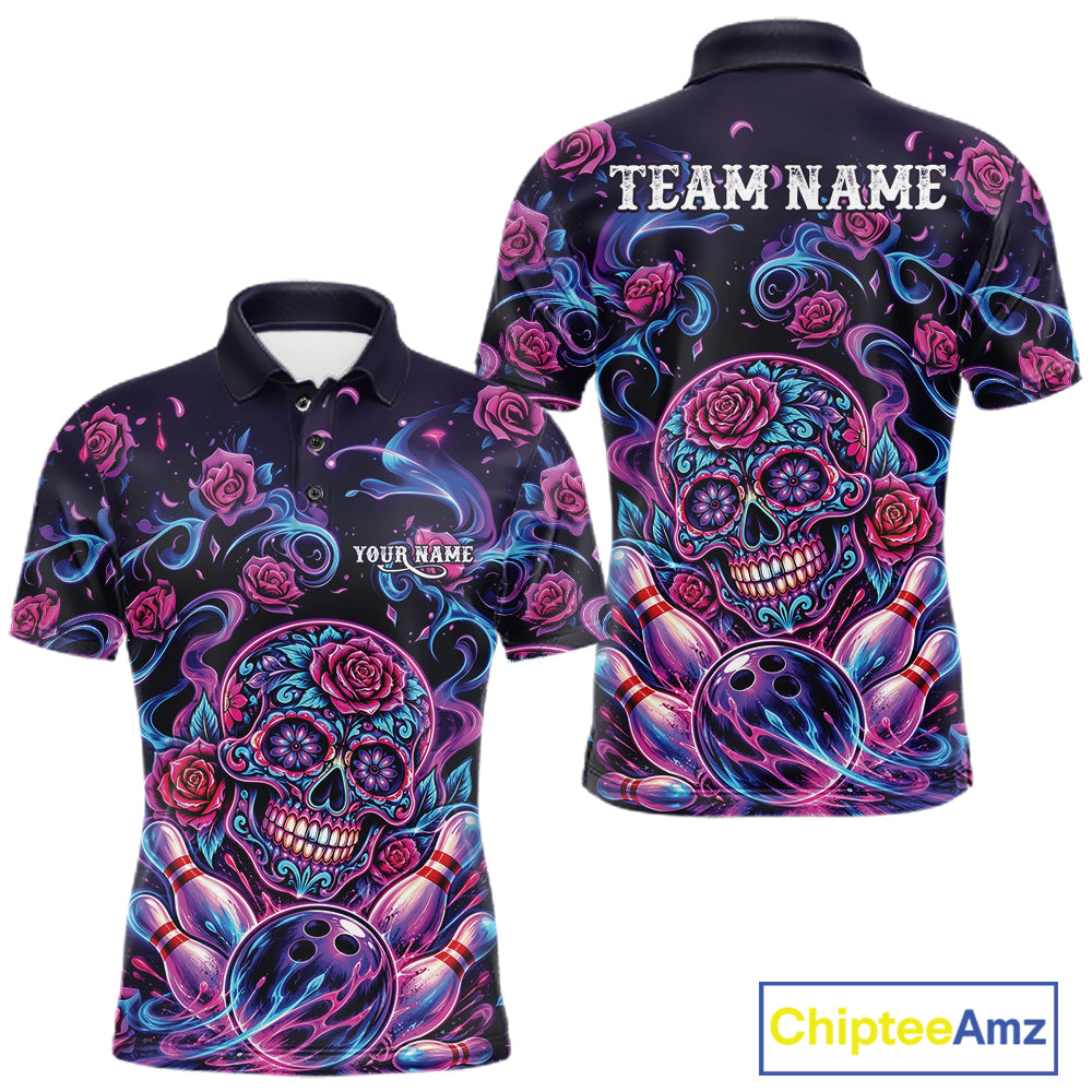 Custom Pink Purple And Blue Roses Sugar Skull Halloween Bowling Men Polo Team Shirt IPHW11964