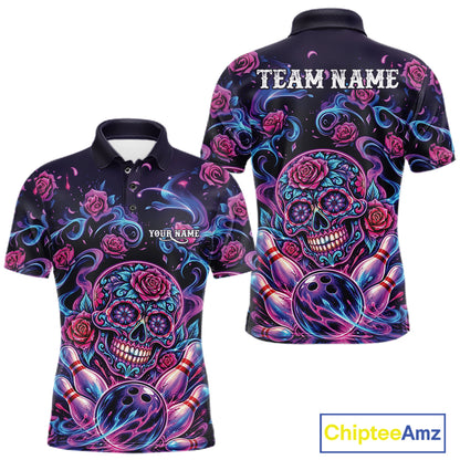 Custom Pink Purple And Blue Roses Sugar Skull Halloween Bowling Men Polo Team Shirt IPHW11964