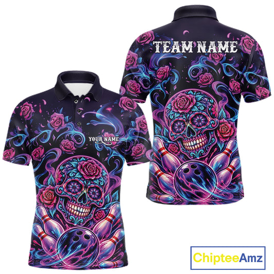 Custom Pink Purple And Blue Roses Sugar Skull Halloween Bowling Men Polo Team Shirt IPHW11964