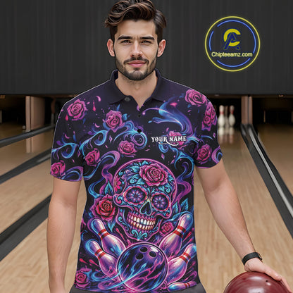 Custom Pink Purple And Blue Roses Sugar Skull Halloween Bowling Men Polo Team Shirt IPHW11964