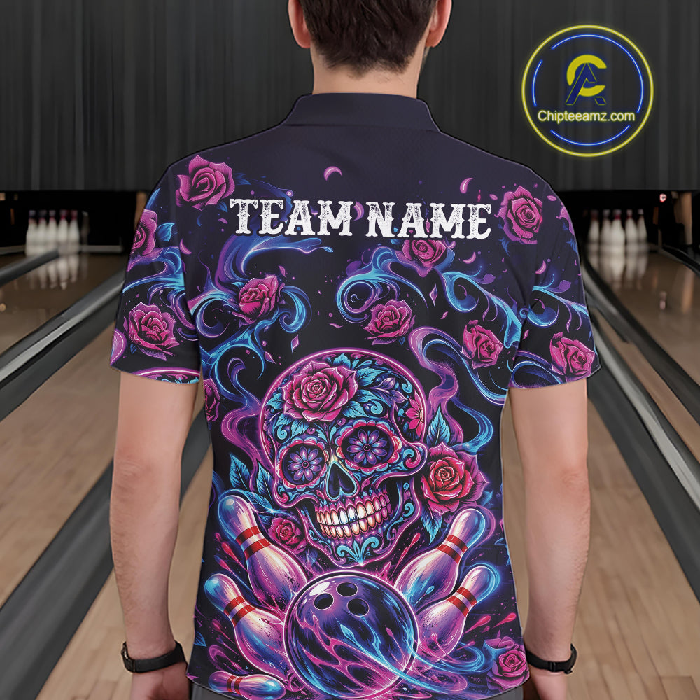 Custom Pink Purple And Blue Roses Sugar Skull Halloween Bowling Men Polo Team Shirt IPHW11964