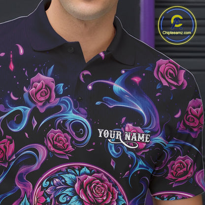 Custom Pink Purple And Blue Roses Sugar Skull Halloween Bowling Men Polo Team Shirt IPHW11964