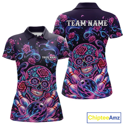 Custom Pink Purple And Blue Roses Sugar Skull Halloween Bowling Women Polo Team Shirt IPHW11964