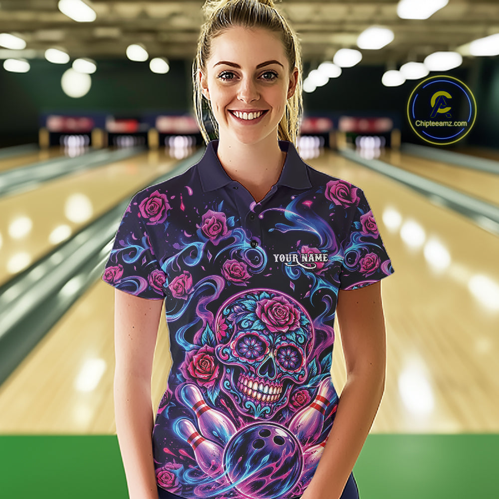 Custom Pink Purple And Blue Roses Sugar Skull Halloween Bowling Women Polo Team Shirt IPHW11964