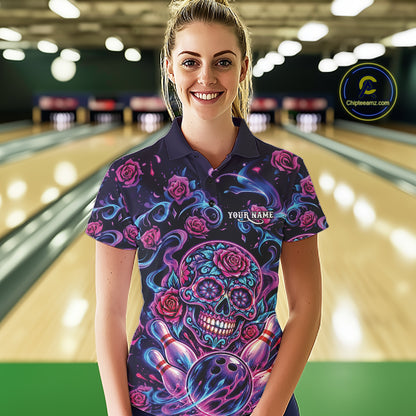 Custom Pink Purple And Blue Roses Sugar Skull Halloween Bowling Women Polo Team Shirt IPHW11964
