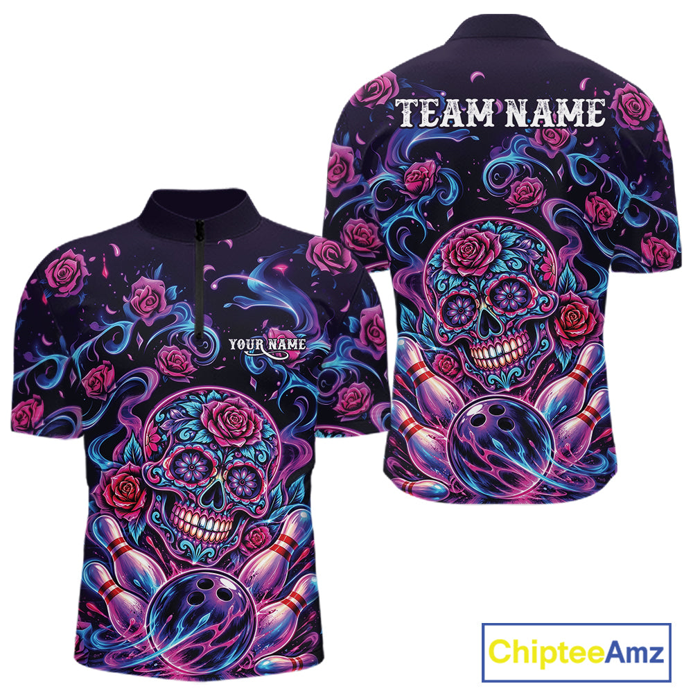 Custom Pink Purple And Blue Roses Sugar Skull Halloween Bowling Men Quarter Zip Team Shirt IPHW11964