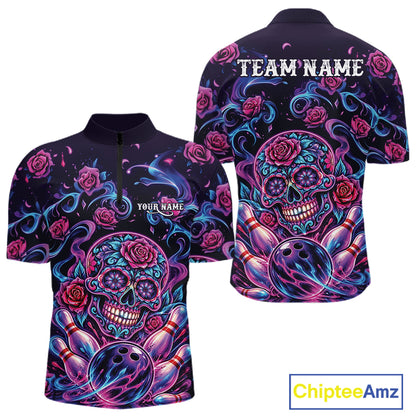 Custom Pink Purple And Blue Roses Sugar Skull Halloween Bowling Men Quarter Zip Team Shirt IPHW11964