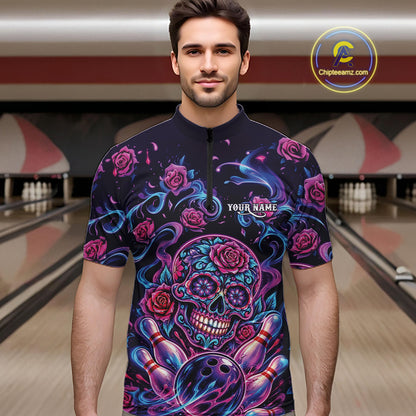 Custom Pink Purple And Blue Roses Sugar Skull Halloween Bowling Men Quarter Zip Team Shirt IPHW11964