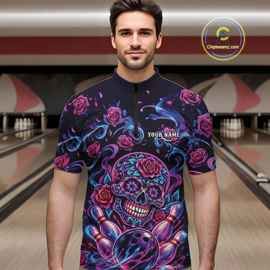 Custom Pink Purple And Blue Roses Sugar Skull Halloween Bowling Men Quarter Zip Team Shirt IPHW11964