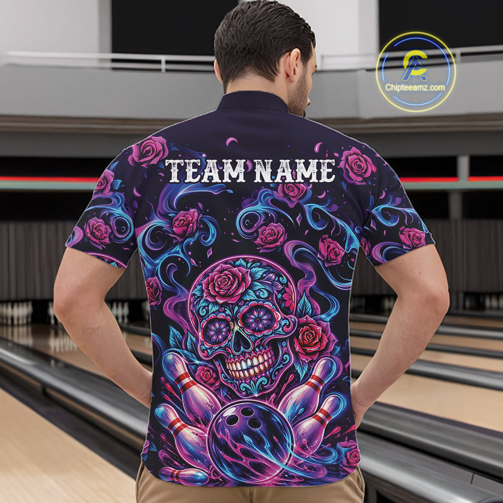 Custom Pink Purple And Blue Roses Sugar Skull Halloween Bowling Men Quarter Zip Team Shirt IPHW11964