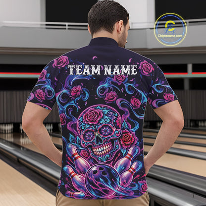 Custom Pink Purple And Blue Roses Sugar Skull Halloween Bowling Men Quarter Zip Team Shirt IPHW11964