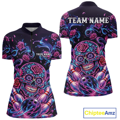 Custom Pink Purple And Blue Roses Sugar Skull Halloween Bowling Women Quarter-Zip Shirt IPHW11964