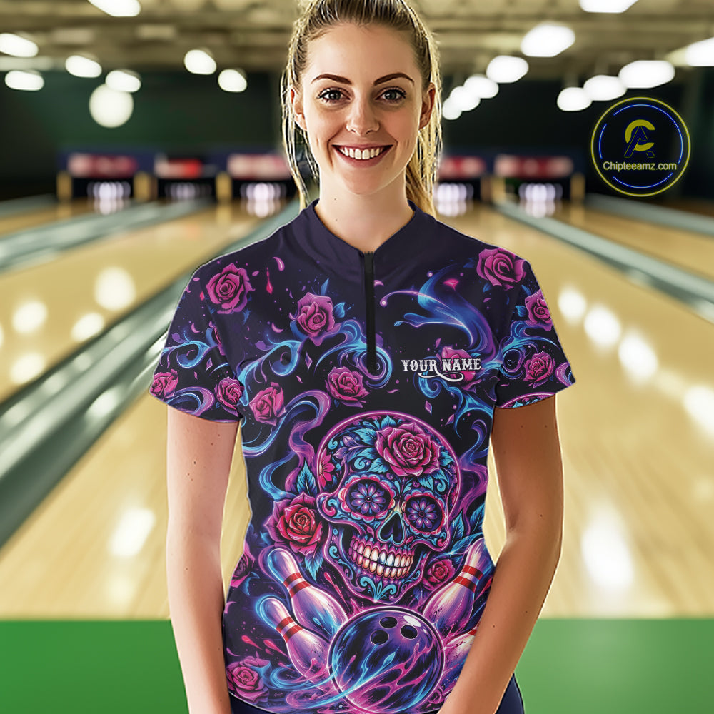 Custom Pink Purple And Blue Roses Sugar Skull Halloween Bowling Women Quarter-Zip Shirt IPHW11964