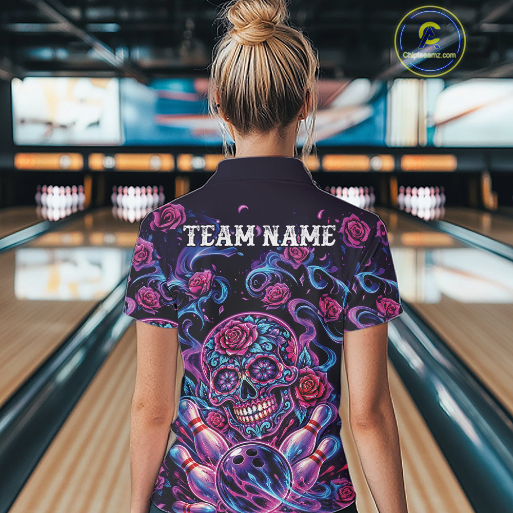 Custom Pink Purple And Blue Roses Sugar Skull Halloween Bowling Women Quarter-Zip Shirt IPHW11964