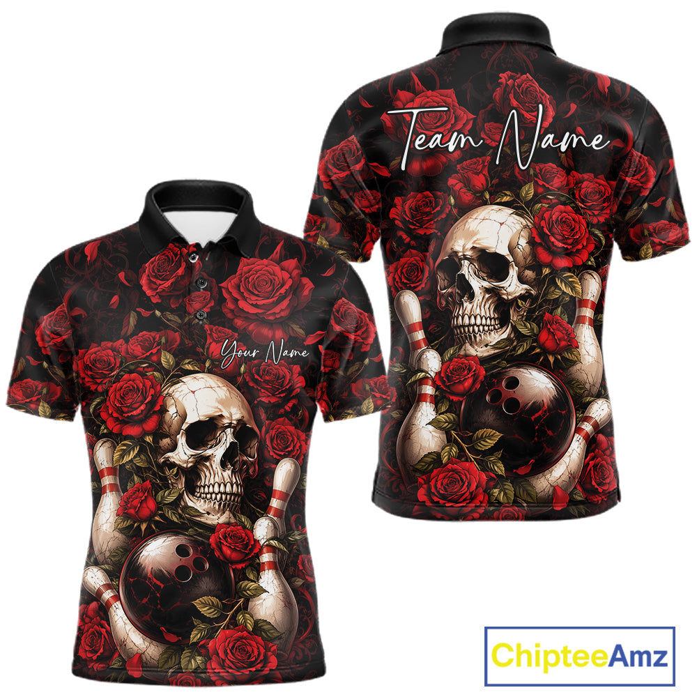 Custom Red Roses And Skull Halloween Bowling Team Men Polo Shirt, Bowler Outfit IPHW11966