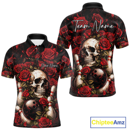 Custom Red Roses And Skull Halloween Bowling Team Men Polo Shirt, Bowler Outfit IPHW11966
