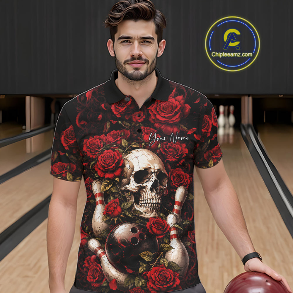 Custom Red Roses And Skull Halloween Bowling Team Men Polo Shirt, Bowler Outfit IPHW11966