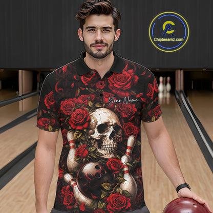 Custom Red Roses And Skull Halloween Bowling Team Men Polo Shirt, Bowler Outfit IPHW11966