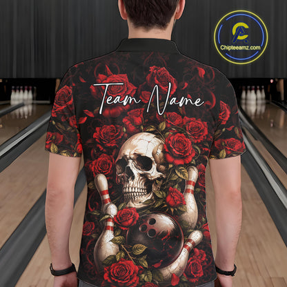 Custom Red Roses And Skull Halloween Bowling Team Men Polo Shirt, Bowler Outfit IPHW11966