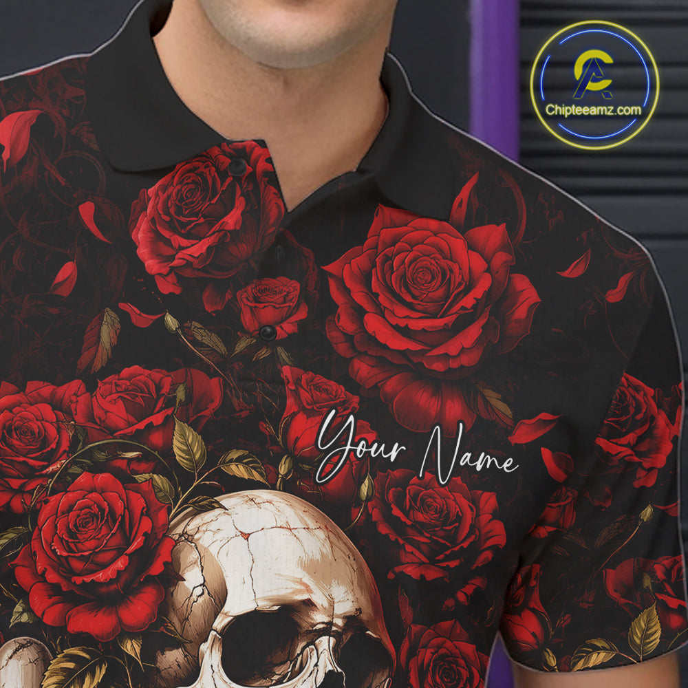 Custom Red Roses And Skull Halloween Bowling Team Men Polo Shirt, Bowler Outfit IPHW11966
