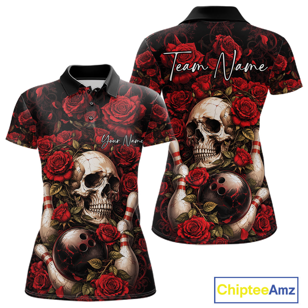 Custom Red Roses And Skull Halloween Bowling Team Women Polo Shirt, Bowler Outfit IPHW11966
