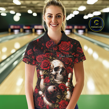 Custom Red Roses And Skull Halloween Bowling Team Women Polo Shirt, Bowler Outfit IPHW11966