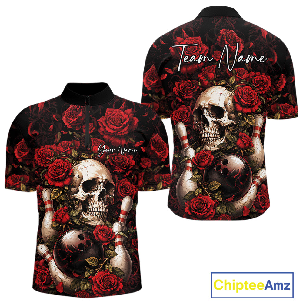 Custom Red Roses And Skull Halloween Bowling Team Men Quarter Zip Shirt, Bowler Outfit IPHW11966
