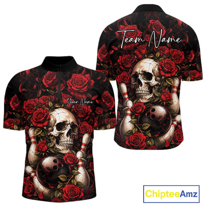 Custom Red Roses And Skull Halloween Bowling Team Men Quarter Zip Shirt, Bowler Outfit IPHW11966