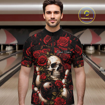 Custom Red Roses And Skull Halloween Bowling Team Men Quarter Zip Shirt, Bowler Outfit IPHW11966