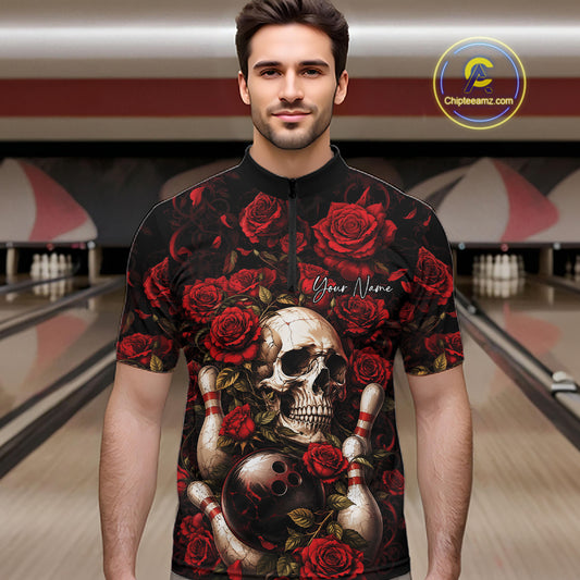 Custom Red Roses And Skull Halloween Bowling Team Men Quarter Zip Shirt, Bowler Outfit IPHW11966