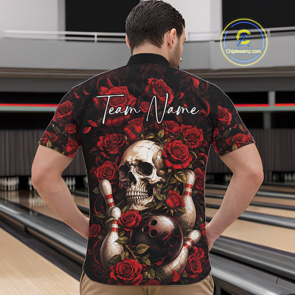 Custom Red Roses And Skull Halloween Bowling Team Men Quarter Zip Shirt, Bowler Outfit IPHW11966