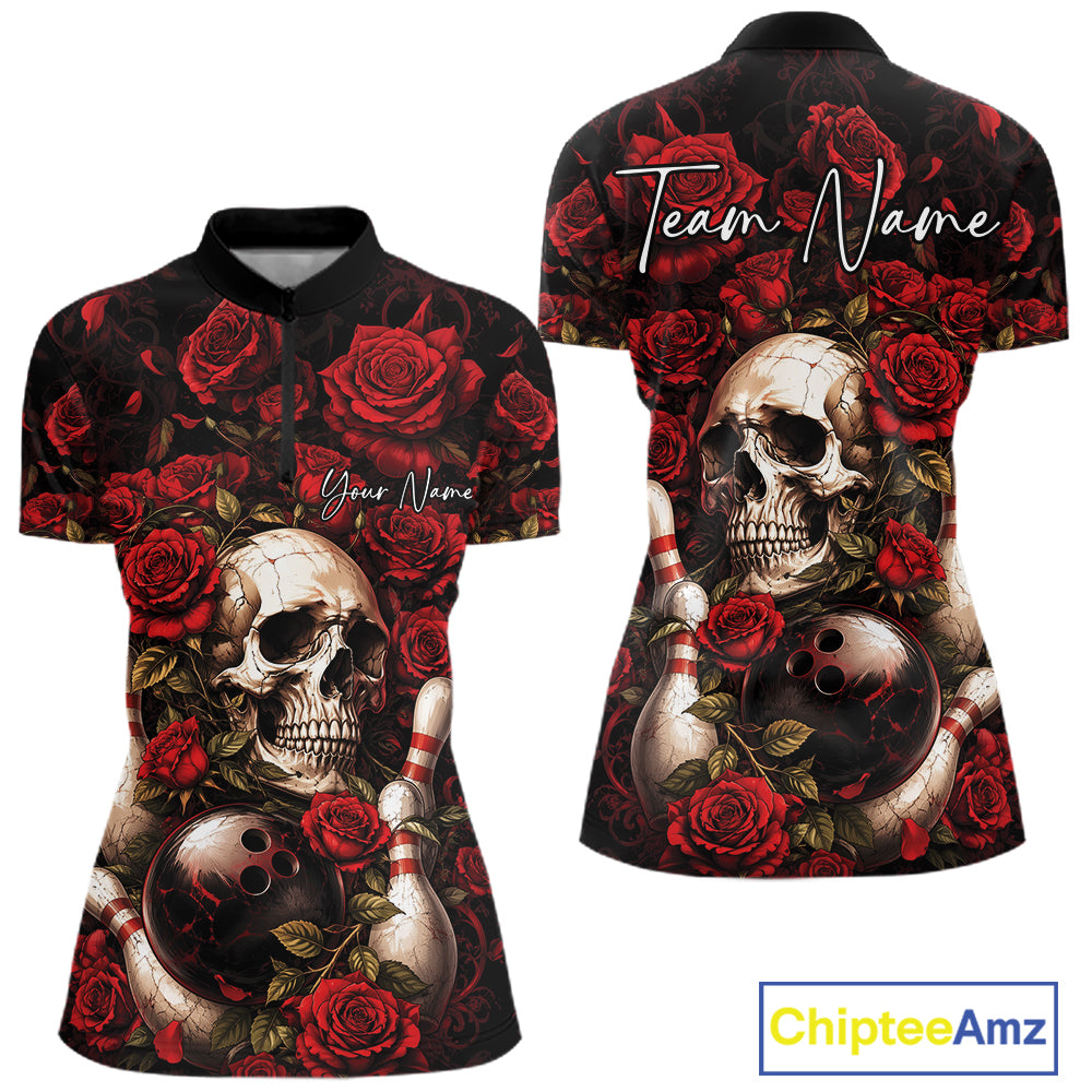 Custom Red Roses And Skull Halloween Bowling Team Women Quarter-Zip Shirt, Bowler Outfit IPHW11966