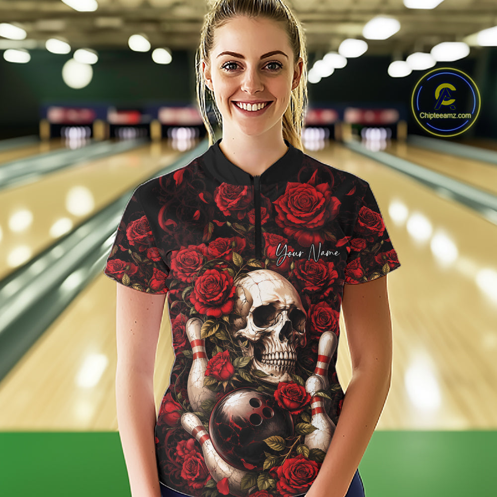 Custom Red Roses And Skull Halloween Bowling Team Women Quarter-Zip Shirt, Bowler Outfit IPHW11966