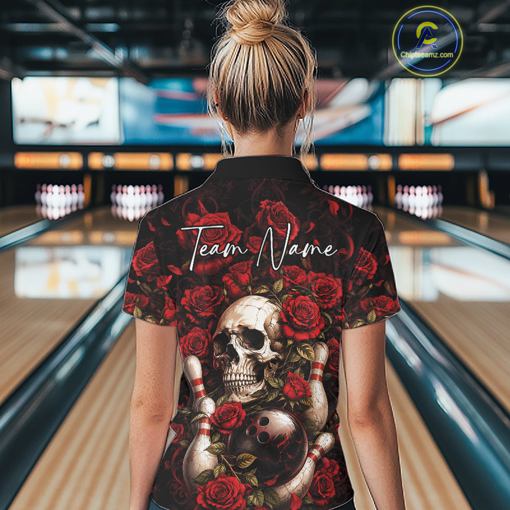Custom Red Roses And Skull Halloween Bowling Team Women Quarter-Zip Shirt, Bowler Outfit IPHW11966