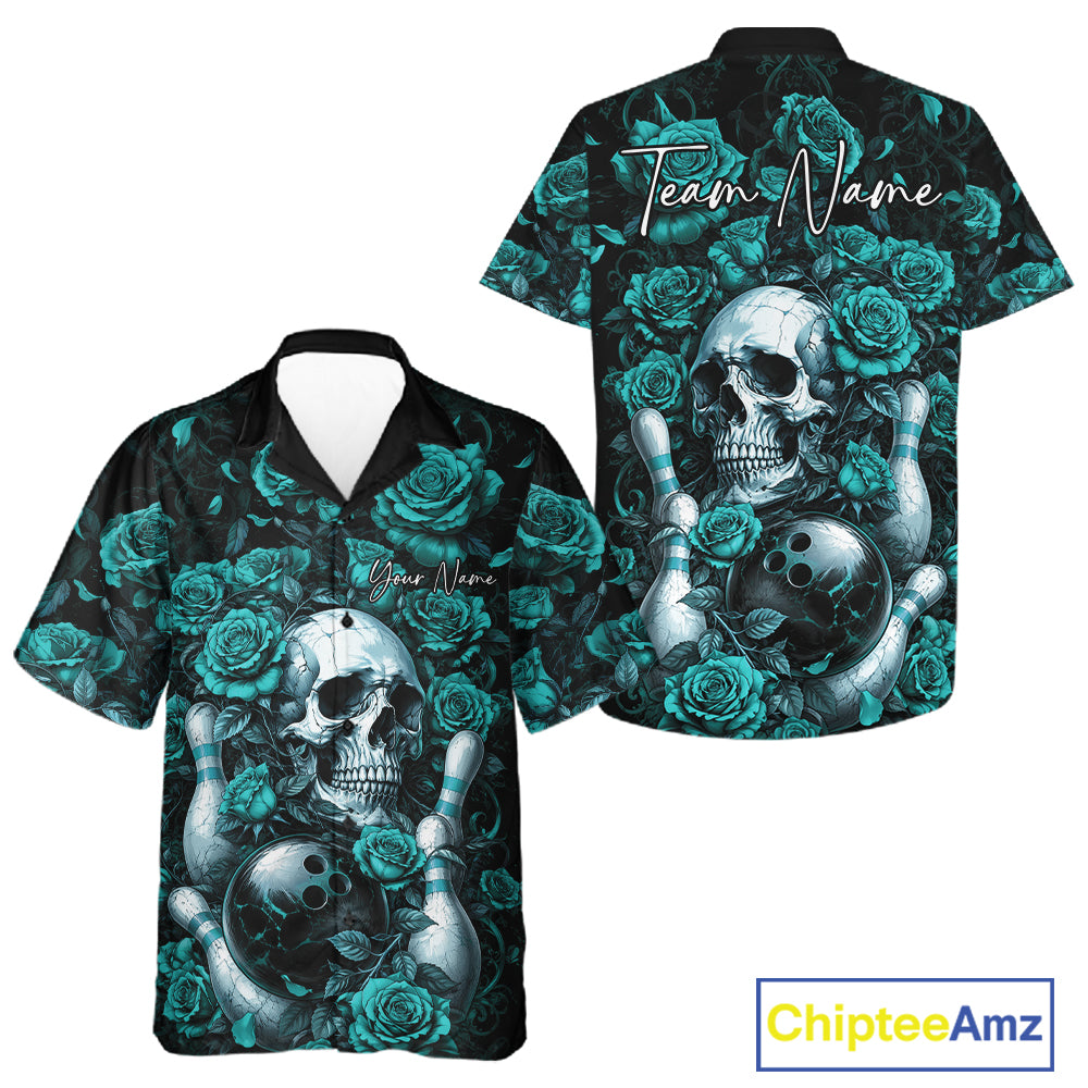 Custom Turquoise Blue Roses And Skull Halloween Bowling Team Men And Women Button Up Shirt, Bowler Outfit IPHW11967