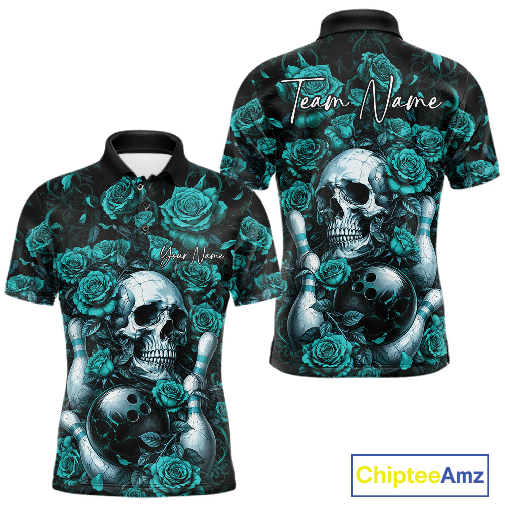 Custom Turquoise Blue Roses And Skull Halloween Bowling Team Men Polo Shirt, Bowler Outfit IPHW11967