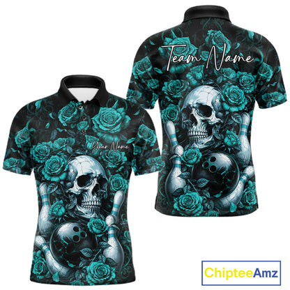 Custom Turquoise Blue Roses And Skull Halloween Bowling Team Men Polo Shirt, Bowler Outfit IPHW11967
