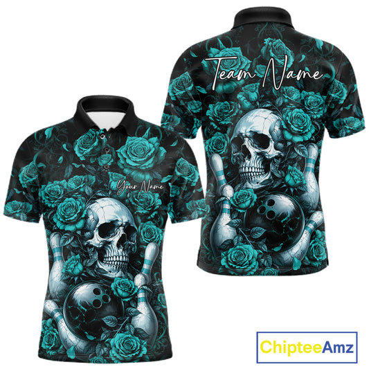 Custom Turquoise Blue Roses And Skull Halloween Bowling Team Men Polo Shirt, Bowler Outfit IPHW11967
